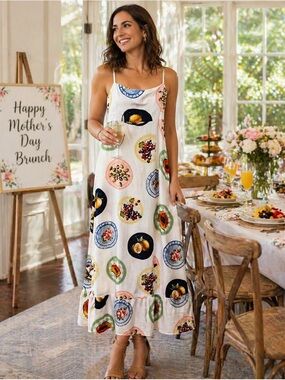 Label of Love White Printed Maxi Slip Dress with Fruit & Floral Medallions SM